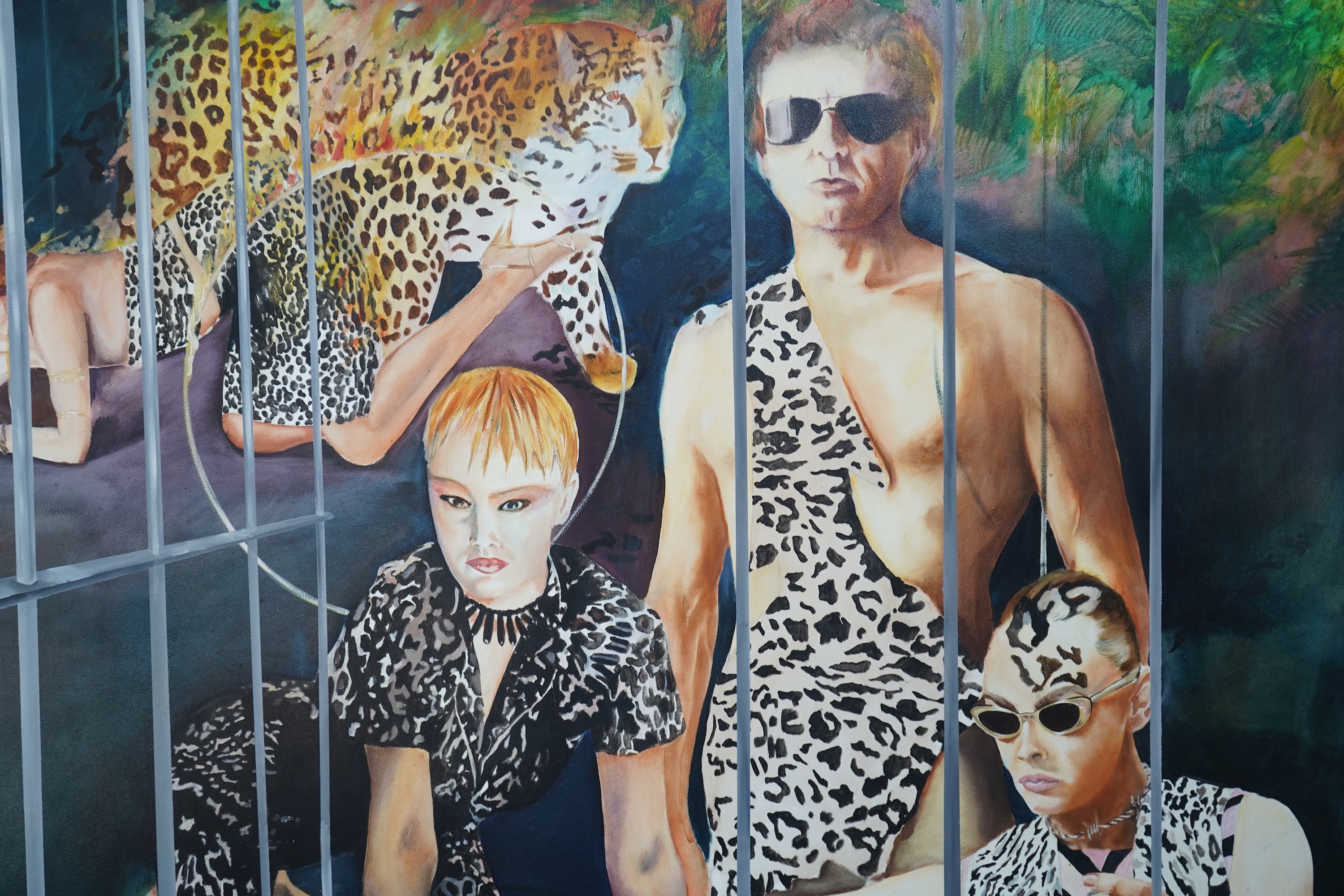 1970's/1980's pop-art style, study of figures and a leopard behind bars, oil on board, 123 x 148cm